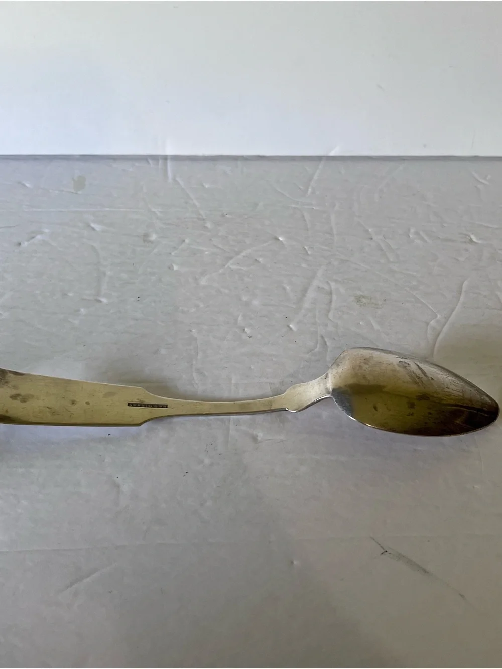 Antique E & D Kinsey Coin Silver Fiddle Back Serving Spoon 8.75